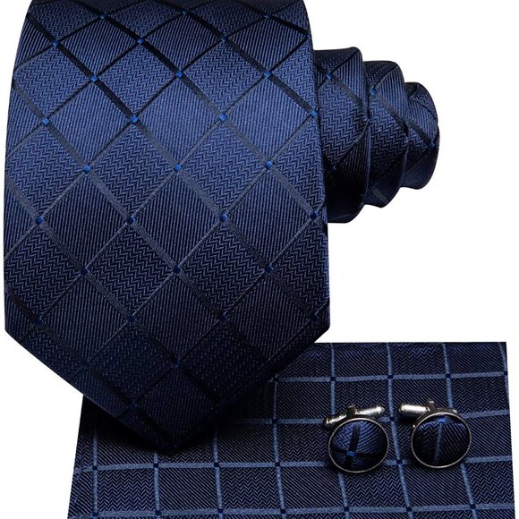 Navy Blue plaid Woven Silk Necktie for Men with Pocket Square and Cufflinks - Picture 2 of 10